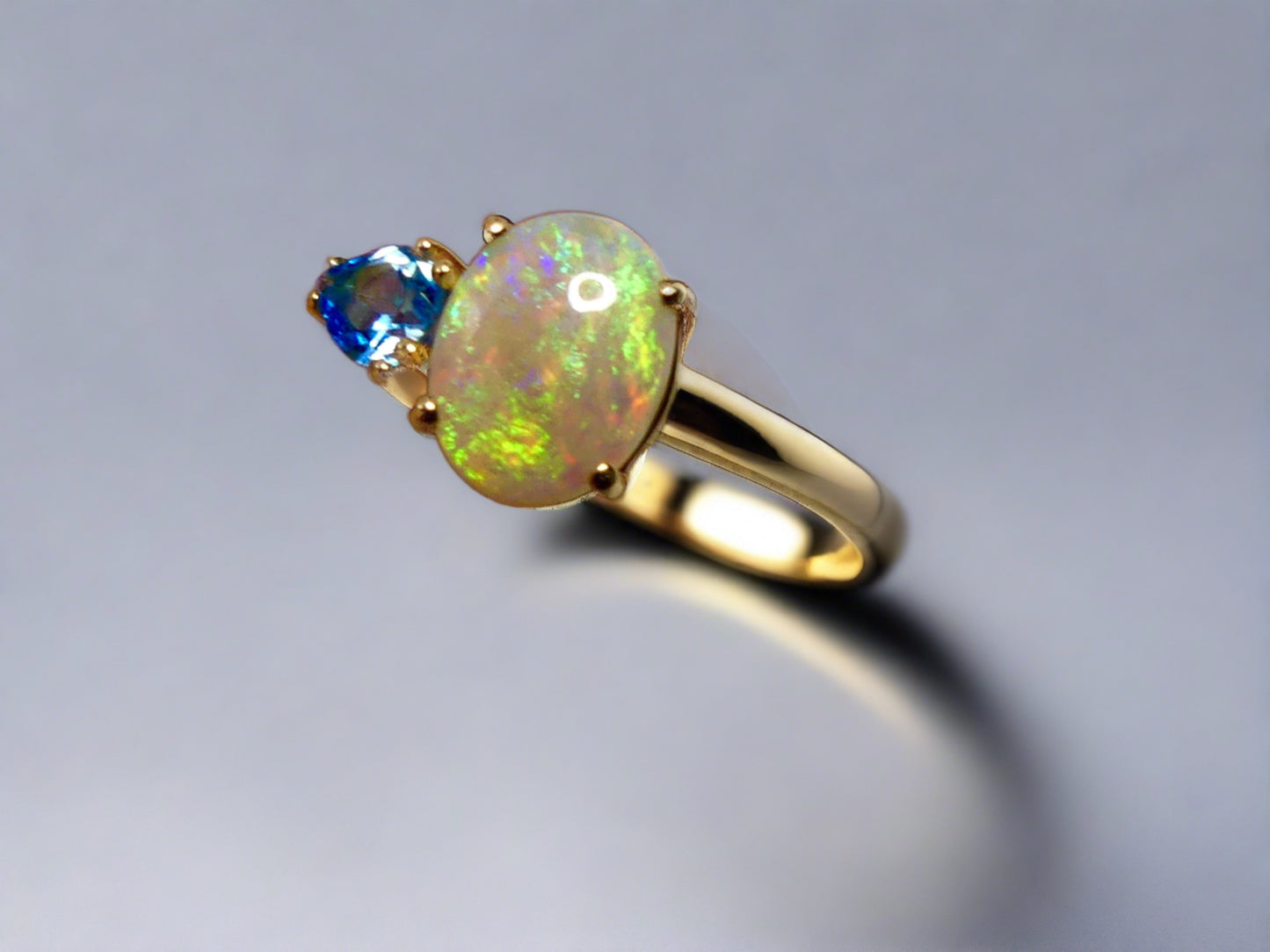 Elegant 14k Gold Ring with Australian Crystal Opal and Topaz