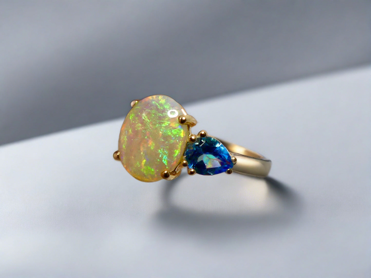 Elegant 14k Gold Ring with Australian Crystal Opal and Topaz