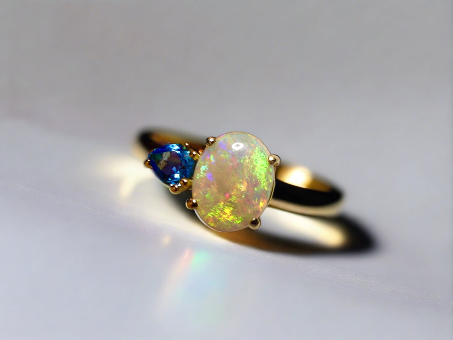 Elegant 14k Gold Ring with Australian Crystal Opal and Topaz