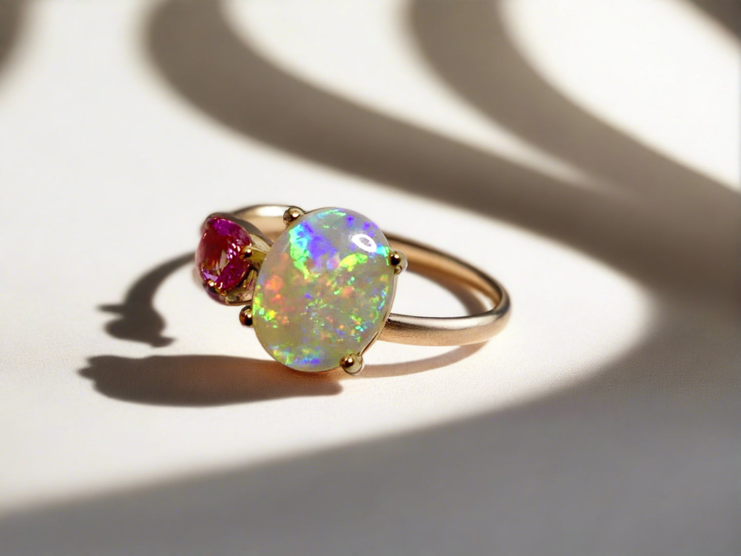 Elegant 14k Gold Ring with Australian Opal and Sapphire