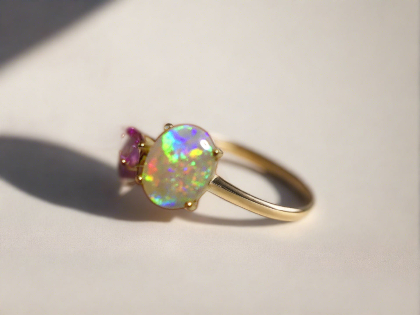 Elegant 14k Gold Ring with Australian Opal and Sapphire