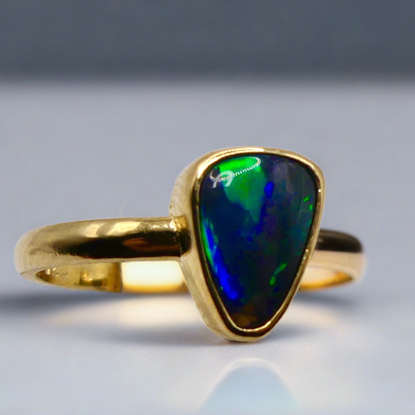 Elegant Black Opal Ring in 9k Gold Setting Unique Australian Jewelry