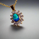 Vibrant sparkling 18K Yellow Gold Black Opal & Diamond Halo Pendant