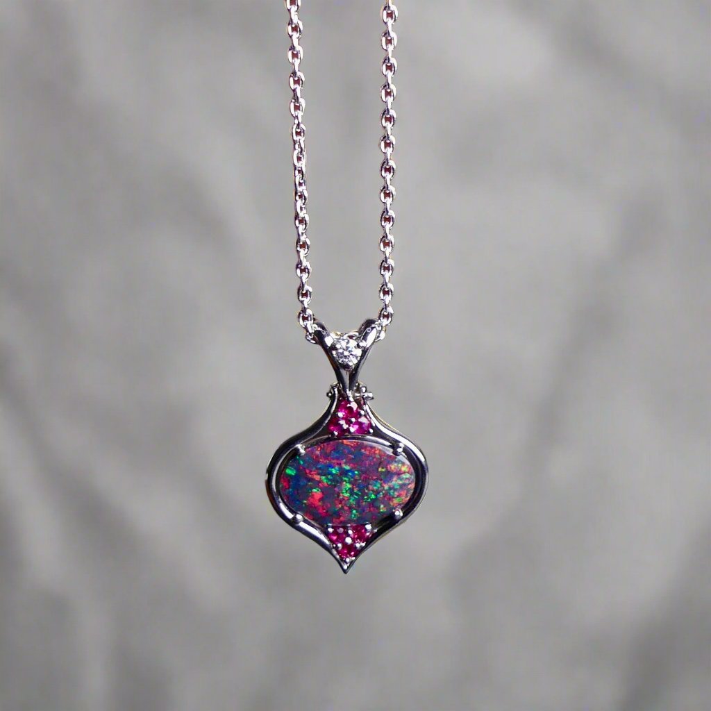 Rare Black Opal Pendant in 18k White Gold with Diamond and Rubies - Elegant Statement Piece