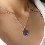 Rare Black Opal Pendant in 18k White Gold with Diamond and Rubies - Elegant Statement Piece