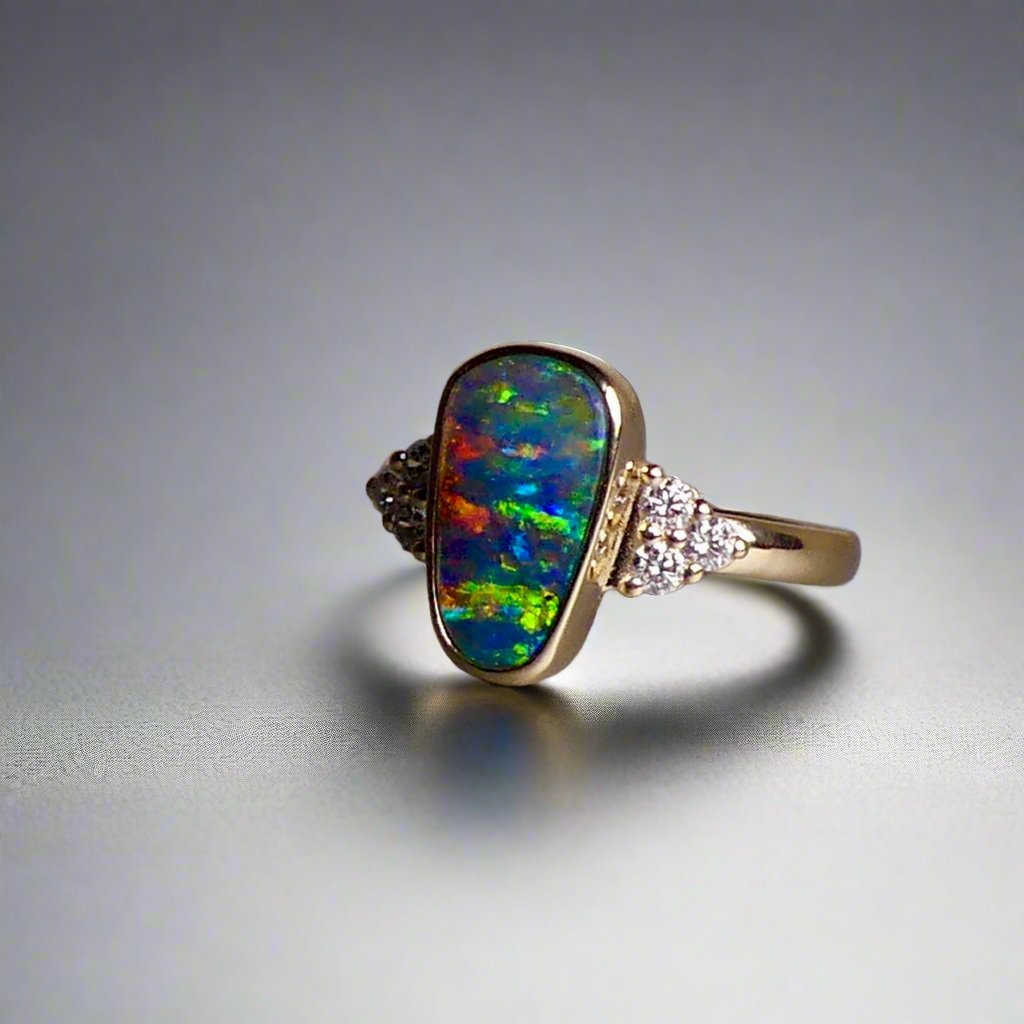 Rare Australian Boulder Opal Ring with Diamonds - Handcrafted Elegance