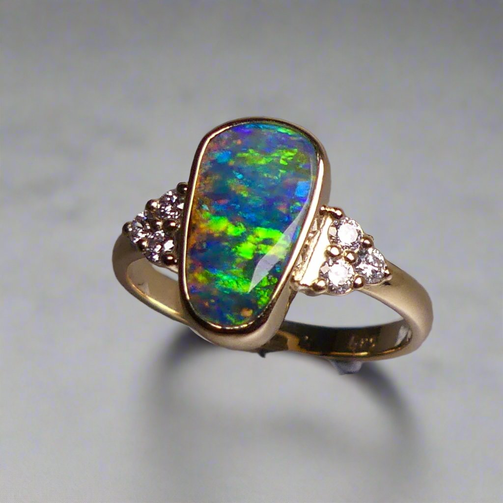 Rare Australian Boulder Opal Ring with Diamonds - Handcrafted Elegance