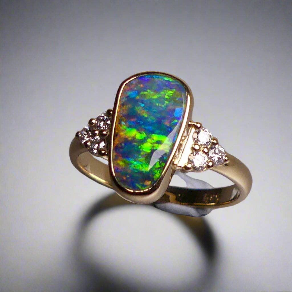 Rare Australian Boulder Opal Ring with Diamonds - Handcrafted Elegance