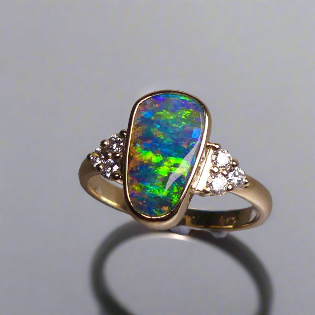 Rare Australian Boulder Opal Ring with Diamonds - Handcrafted Elegance