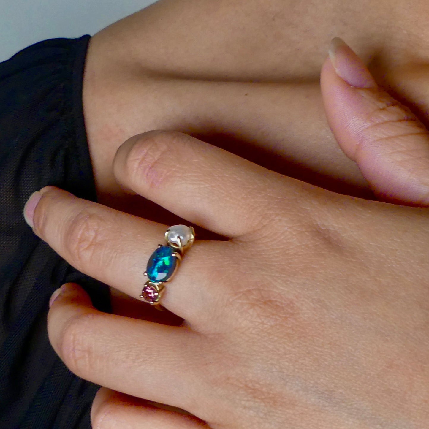 Elegant Statement Piece  Australian Black Opal Ring in 14k Gold