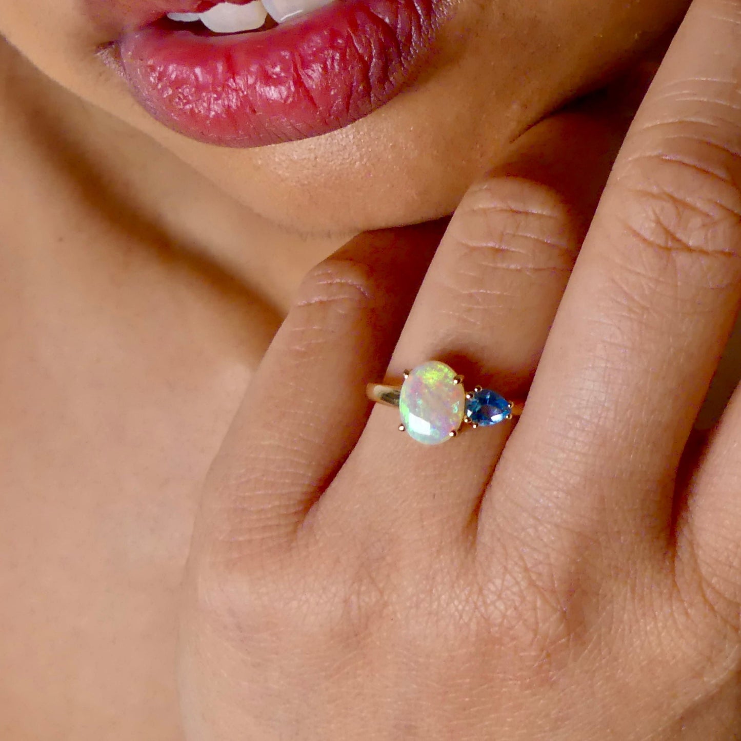 Elegant 14k Gold Ring with Australian Crystal Opal and Topaz